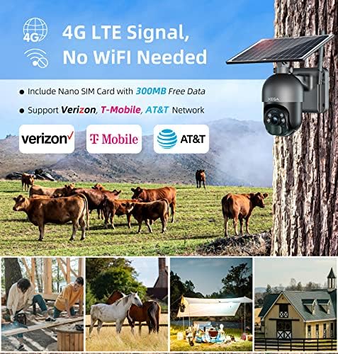 מצלמת אבטחה סלולרית של Xega 4G LTE [2 חבילה] מצלמה סולארית חיצונית אלחוטית, 2K HD צבע ראיית לילה PTZ